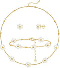 Zeffy Gold Pearl Necklace for Women, Dainty 14K Gold/Silve Plated Layered Pearl Choker Pearl Earrings Pearl Bracelets Wedding Trendy Gold Jewelry Set for Women Gifts