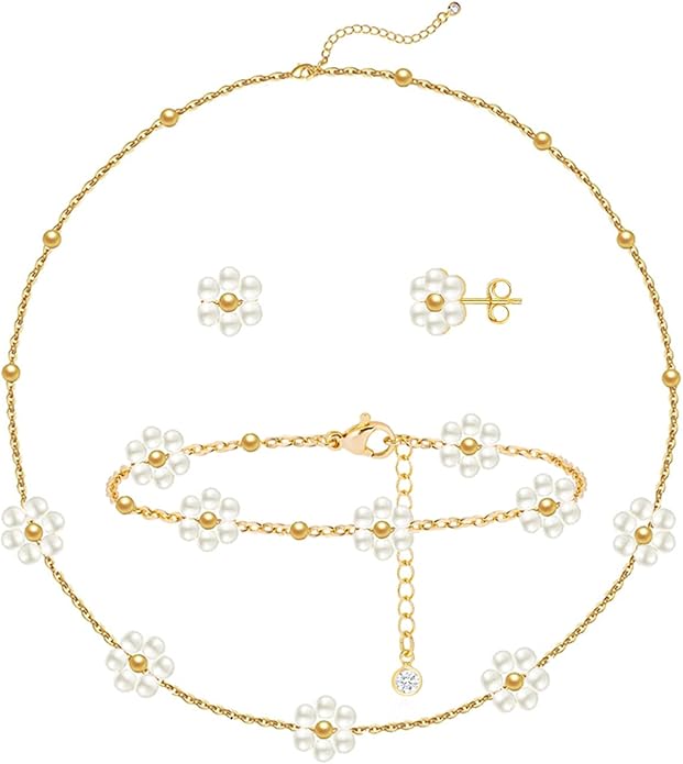 Zeffy Gold Pearl Necklace for Women, Dainty 14K Gold/Silve Plated Layered Pearl Choker Pearl Earrings Pearl Bracelets Wedding Trendy Gold Jewelry Set for Women Gifts