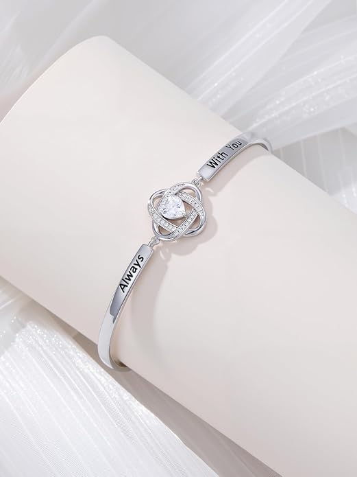 Valentines Day Gifts for Her, 18k White Gold Plated Love Knot Bracelets, Engraved Inspirational and Sentiment Bangle, Anniversary Birthday Jewelry Gift for Lover Wife Girlfriend Sister Friends