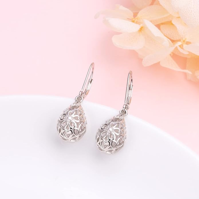 925 Sterling Silver Filigree Dangle Drop Earrings Daisy/Lotus/Rose Flower/Moonstone Leverback Teardrop Earrings for Women Infinity Celtic Knot Daisy Lotus Jewelry for Mothers Day