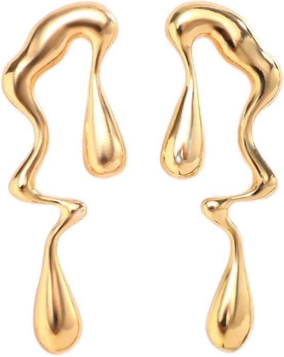 Bold Molten Gold Drop Earrings for Women Oversized Abstract Liquid Metal Drip Design Statement Punk Fashion Jewelry Accessory for Party Night Out Gift