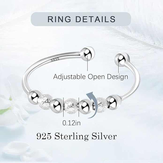 Vito 925 Sterling Silver Fidget Anxiety Ring for Women, Adjustable Open Spinner Ring Stress Relief Ring Stacking Band Anillos Jewelry Gift for Mom Daughter