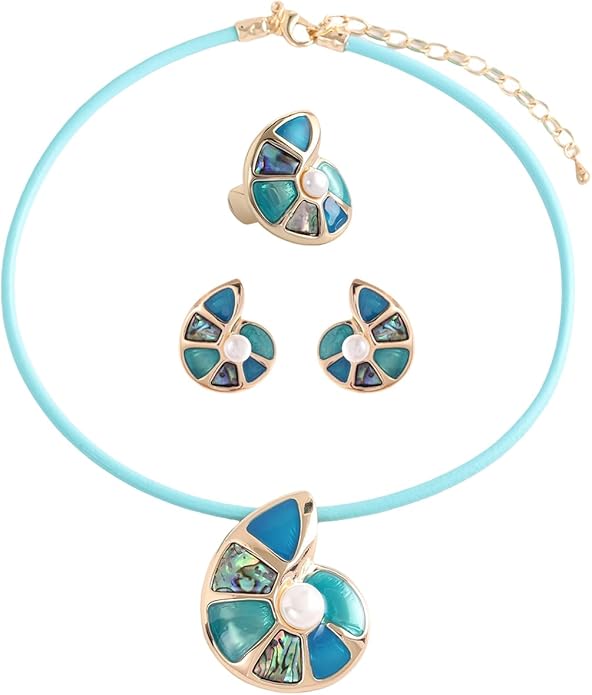 Chunky Statement Jewelry Set Blue Ocean Seashell Choker Necklaces Earrings Set for Women Pearl Bib Collar Necklaces for Party Prom Pageant Summer Fashion Jewelry Unique Birthday Gift