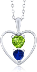 Gem Stone King 925 Sterling Silver Green Peridot Blue Created Sapphire and White Topaz Pendant Necklace For Women (0.90 Cttw, Gemstone August Birthstone, Heart 5MM and 4MM, with 18 Inch Silver Chain)