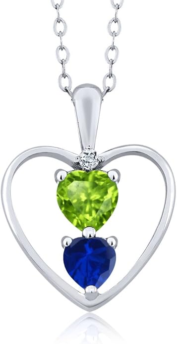 Gem Stone King 925 Sterling Silver Green Peridot Blue Created Sapphire and White Topaz Pendant Necklace For Women (0.90 Cttw, Gemstone August Birthstone, Heart 5MM and 4MM, with 18 Inch Silver Chain)