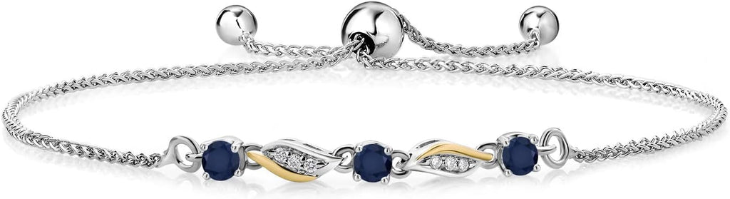 Gem Stone King 3-Stone Adjustable Bracelet for Women | 925 Silver and 10K Yellow Gold | Gemstone Birthstone and Lab Grown Diamond | Round 3MM | Two-Tone Adjustable Tennis Bracelet Up to 9 Inch