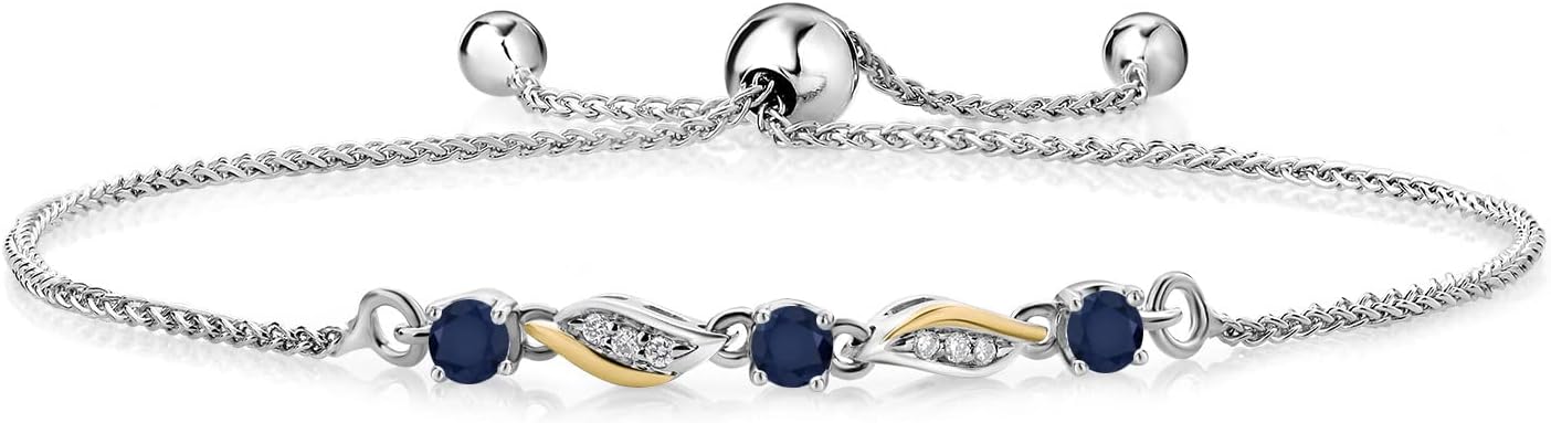 Gem Stone King 3-Stone Adjustable Bracelet for Women | 925 Silver and 10K Yellow Gold | Gemstone Birthstone and Lab Grown Diamond | Round 3MM | Two-Tone Adjustable Tennis Bracelet Up to 9 Inch