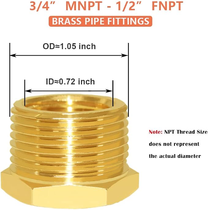 Hooshing 6PCS Brass Reducer Hex Bushing 3/4" NPT Male x 1/2" NPT Female | Heavy - Image 2