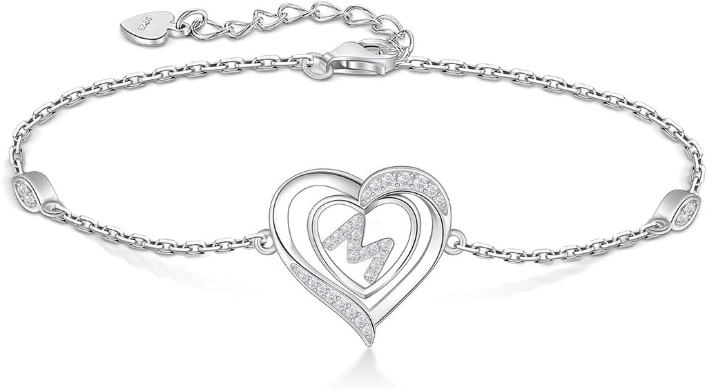 RIVIKO Heart Initial Bracelets for Women,925 Sterling Silver Letter Bracelets, Personalized Charm Alphabet Jewelry Valentines Christmas Mother’s Day Birthday Gifts for Women Friend Her Mom Wife Lady