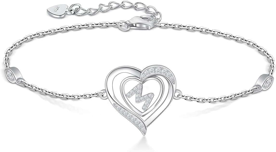 RIVIKO Heart Initial Bracelets for Women,925 Sterling Silver Letter Bracelets, Personalized Charm Alphabet Jewelry Valentines Christmas Mother’s Day Birthday Gifts for Women Friend Her Mom Wife Lady