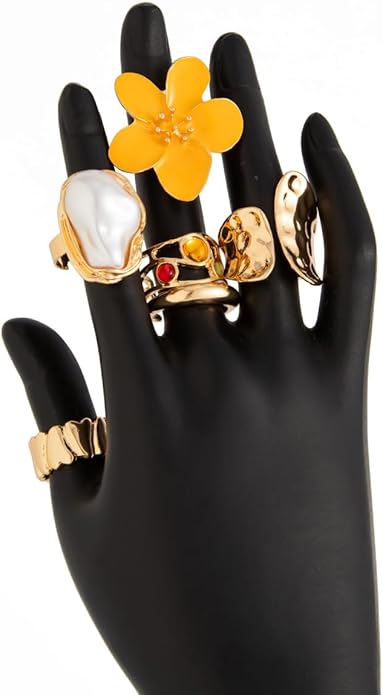 CJIAYUJEW Chunky Gold Flower Rings Pearl Stacking Statement Rings for Women Silver Chunky Knuckle Ring Set Adjustable Pearl Finger Ring Sets