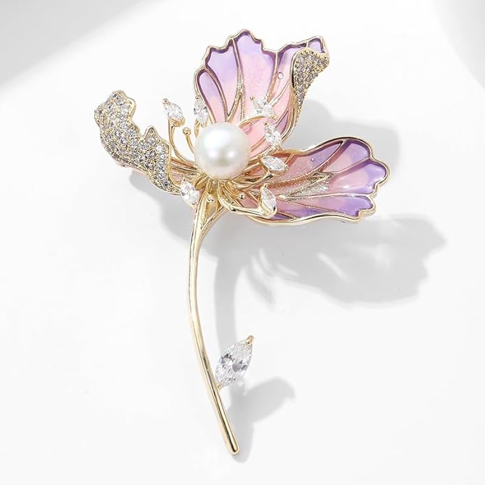 14K Gold Handmade Enamel Water Lily Brooch, Freshwater Pearl Pendant, Elegant Design for Cheongsam, Coats and Chinese Style Outfits