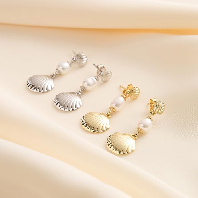VONALA Silver/Gold Seashell Pearl Dangle Earrings 925 Sterling Silver Beach Drop Dangle Earrings Starfish Leverback Earrings Ocean Jewelry Gifts for Women