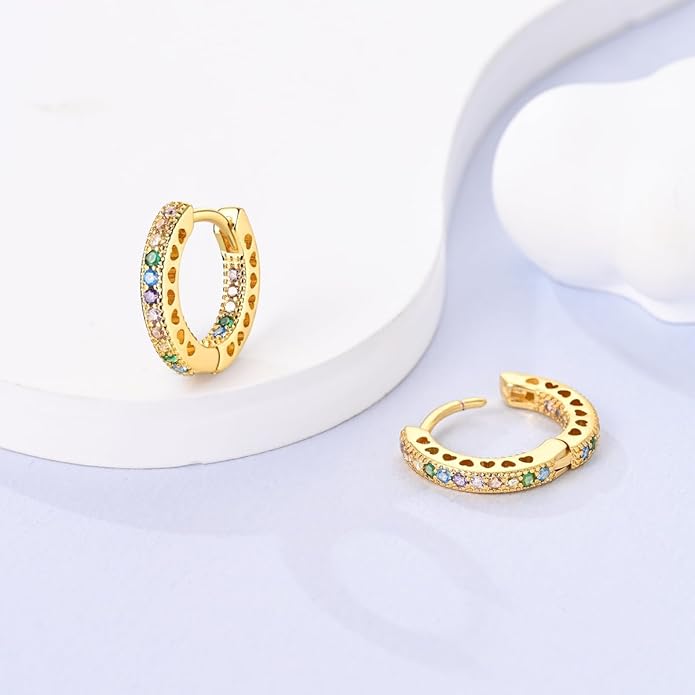 NARMO Earrings for Women 925 Sterling Silver Heart Hoops Small Colorful Rainbow Hoop Earrings Huggie Earrings