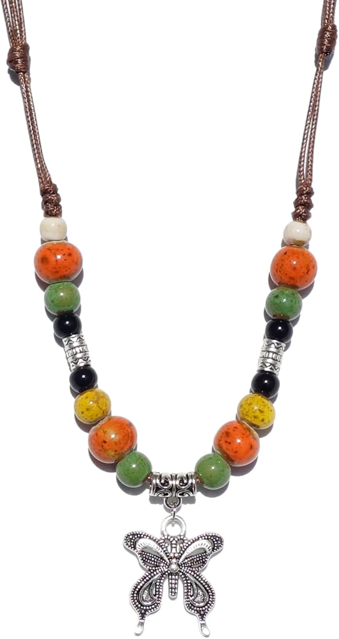 Boho Style Colorful Ceramic Bead Strand Necklace Adjustable Bohemian Jewelry Gift for Women, Fashion Clothing Matching Necklace