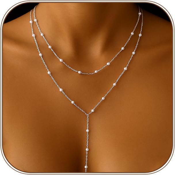 Lariat Gold Necklace for Women Dainty Long Necklace 14k Gold Plated/Silver Y-Shaped Pendant Drop Chain Trendy Layered Pearl/Beaded/CZ Necklaces Simple Gold Jewelry For Women Gift
