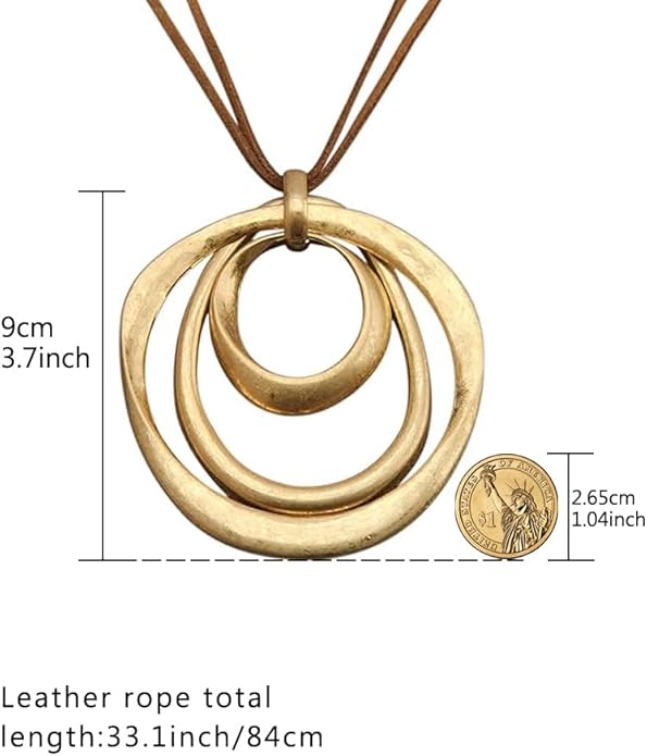 GelConnie Leather Necklace for Women Large Pendant Long Brown Necklace Circle Leather Choker Vintage Sweater Necklace Gold Chunky Boho Necklaces for Women