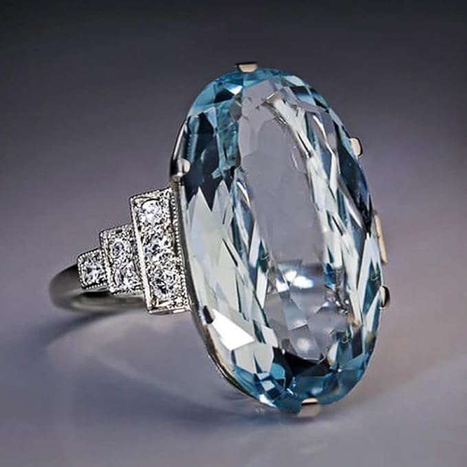 925 Silver Super Flash Oversized Oval Blue Crystal Ring Found Diamond Ring Found Female Jewelry Earrings (US Code 7)