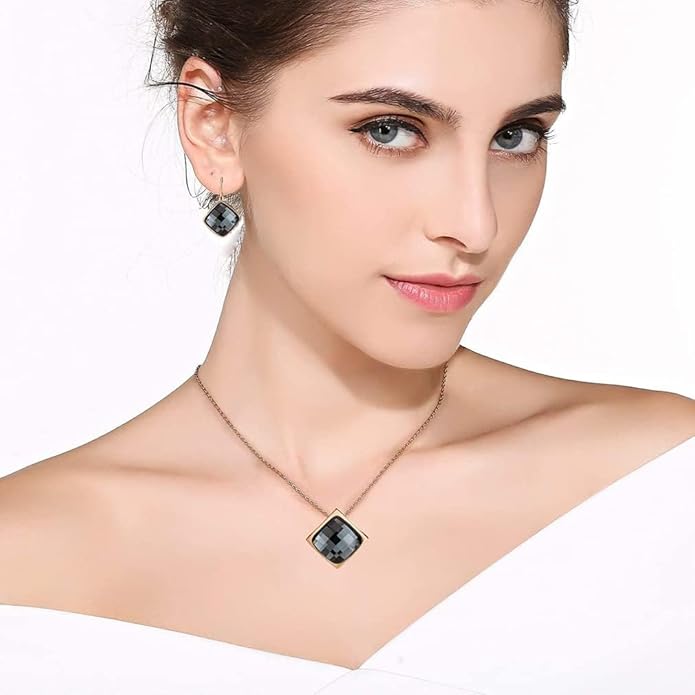 EVEVIC Square Austrian Crystal Necklace Earrings for Women Fashion 18K Gold Plated Hypoallergenic Jewelry Set