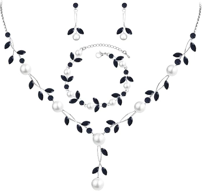 Luxury Cubic Zirconia Aurtrian Crystal Pearl Floral Necklace Dangle Earrings Wedding Bridal Jewelry Set Birthday Gifts for Her