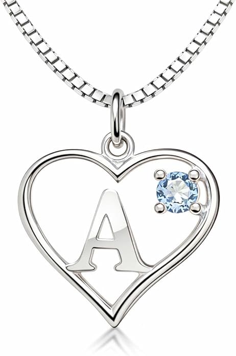 Silver Sterling Necklace Initial Letter A-Z Birthstone for Women – Personalized Custom Jewelry Pendant with Heart Design Customized Dainty Charm for Wife Girlfriend Mom – 18" Box Chain