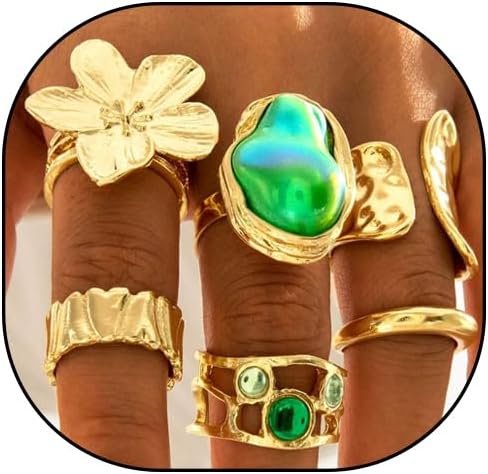 Gold Chunky Baroque Pearl Flower Rings Set,Hammered Open Adjustable Colorful Crystal Knuckle Finger Ring,Punk Party Jewelry Accessories Gift for Women