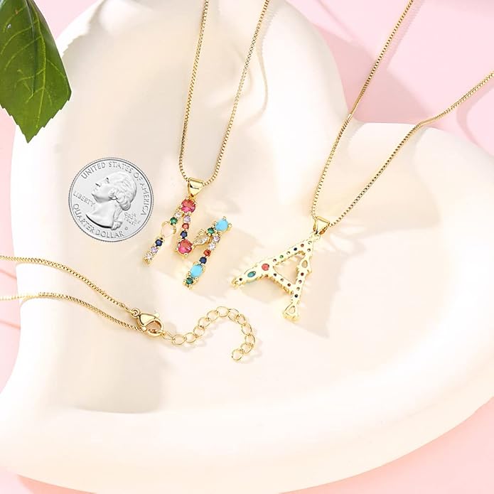 Eben-Ezer 18K Gold Box Chain Choker Initial Necklace Multi-Color Zircon Letter Pendant Script Name Custom Necklace for Women Gift Alphabet 26 A-Z