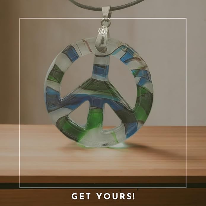 BESHEEK Murano Inspired Peace Sign Blown Glass Lampwork Art Pendant Necklace for Women Handcrafted Artisan Hypoallergenic Italian Style Jewelry