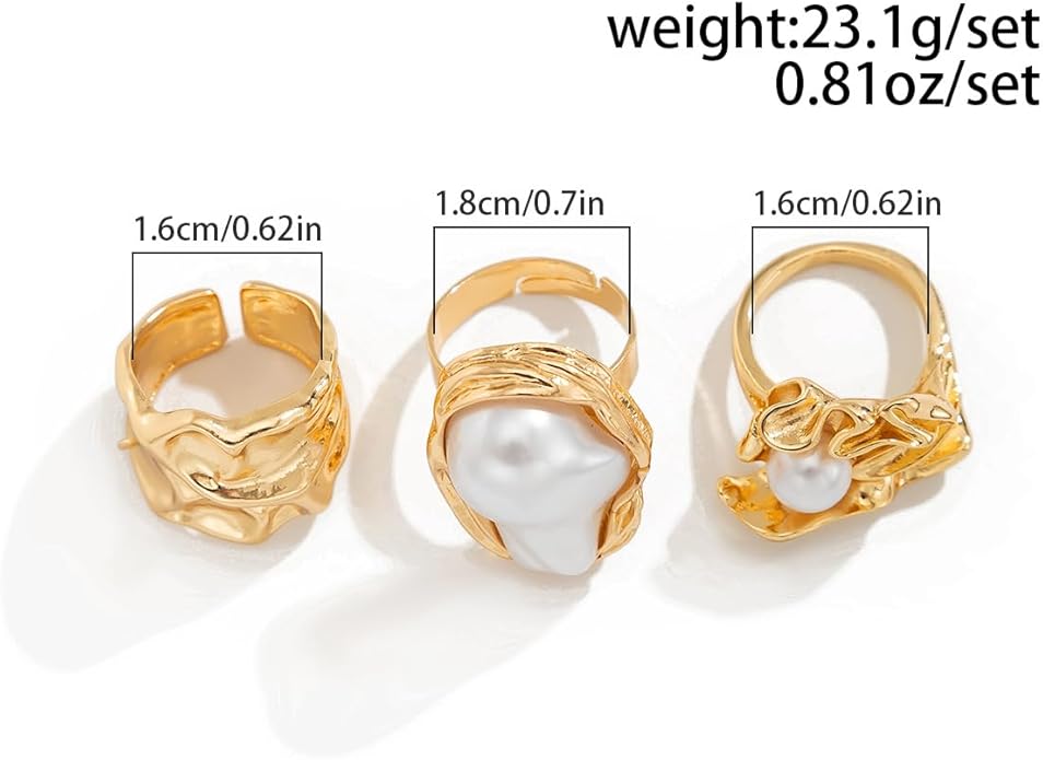 CJIAYUJEW Chunky Gold Flower Rings Pearl Stacking Statement Rings for Women Silver Chunky Knuckle Ring Set Adjustable Pearl Finger Ring Sets