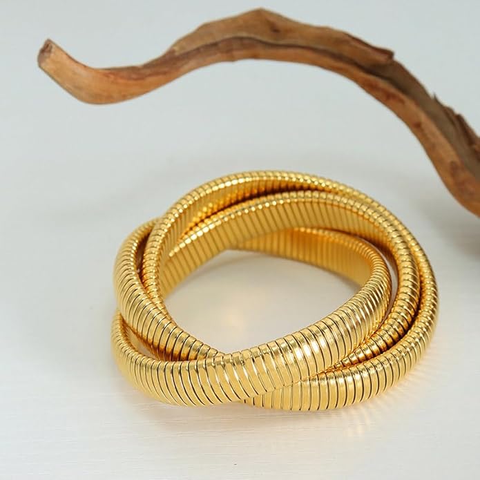 Gold Bangles for Women Chunky Bracelets Gold Plated Wide Ribbed Design Bangle Jewelry