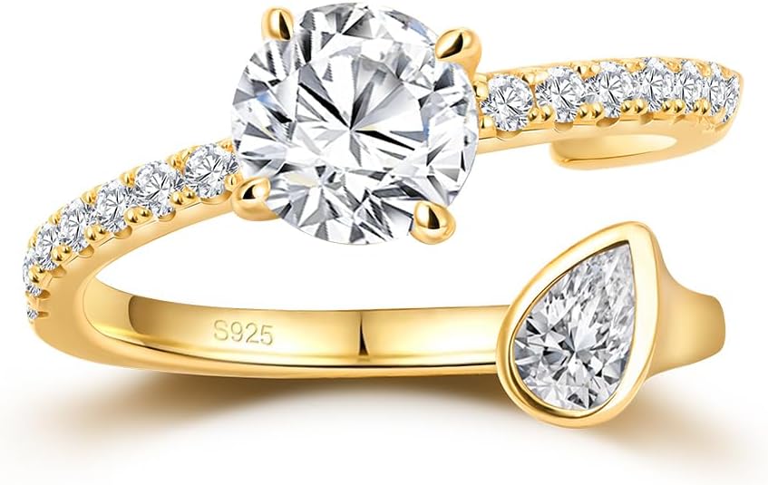 FWM Round Cut Moissanite Simple Open Rings for Women, Adjustable Ring, Solid Sterling Silver With Gold Plated, Stackable Wedding Band, Anniversary Valentines Mothers Day Christmas Gift