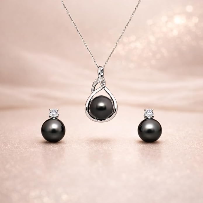 Tahitian Black Pearl Necklace & Earrings Set for Women - Genuine 9-10mm Cultured Tahitian Pearls with Sterling Silver, Premium Gift Box for Anniversary, Birthday, Valentine’s, Mother’s Day