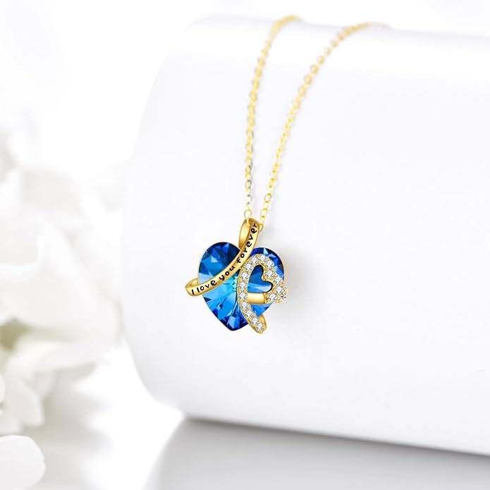 KECHO 14K Real Gold I Love You Forever Necklace Solid Yellow Gold Heart Birthstone Crystal Pendant Jewelry Birthday Mother's Day Anniversary Christmas Gifts for Women