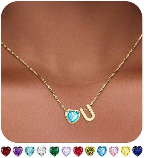 Valentines Day Gifts for Her- Heart Birthstone Initial Necklace for Women Girls,14K Gold Plated Heart Letter A-Z Necklace Birthday Trendy Jewelry Gifts for Women Girls Daughter