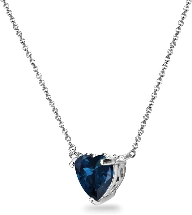 Birthstone Necklace for Women - Genuine or Synthetic Gemstone, 7mm Heart Solitaire, Short Dainty Layered Choker, Silver