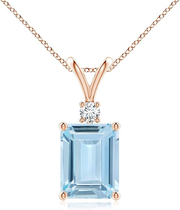 Angara Natural Aquamarine Solitaire Pendant for Women | Emerald-Cut Aquamarine Pendant with Diamond in 14K Solid Gold/Silver/Platinum With 18" Chain | March Birthday, Gemstone Jewelry Gift