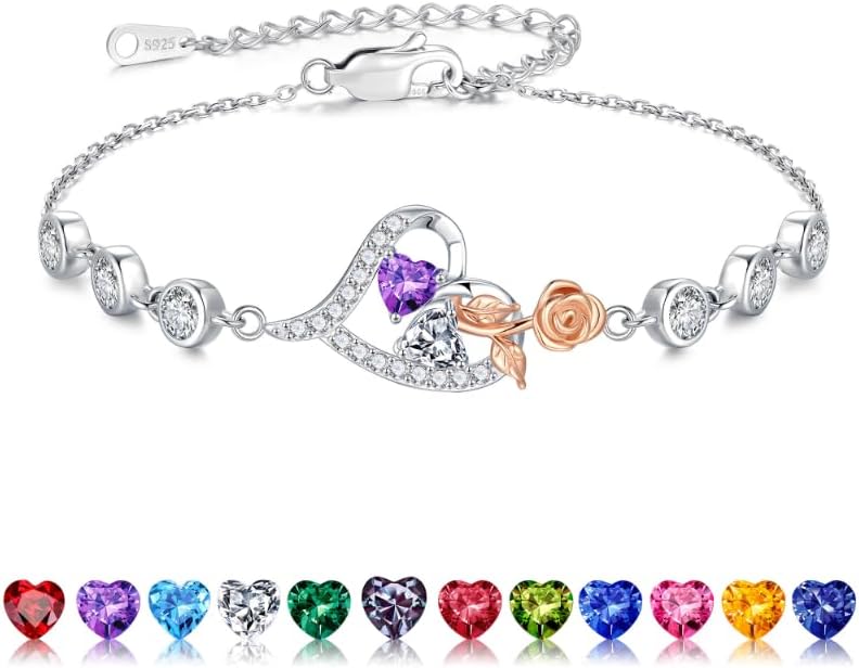 Iefil Valentines Day Gifts for Her - 925 Sterling Silver Rose Heart Birthstone Bracelets, Anniversary Birthday Gifts for Women Wife Mom Daughter, 6"+2"