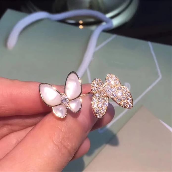 Double Butterfly Rings for Women AAA Cubic Zirconia Finger Ring Ladies Fashion Hand Jewelry Natural Stone Adjustable Ring
