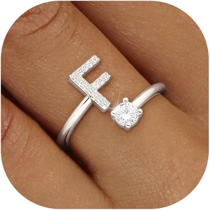 Valentines Day Gifts Gold Silver Initial Rings for Women Non Tarnish Dainty 14k Gold Plated Stackable Rings for Women Trendy Adjustable Letter Cubic Zirconia Pinky Ring Cute Open Birthday Gift Jewelry
