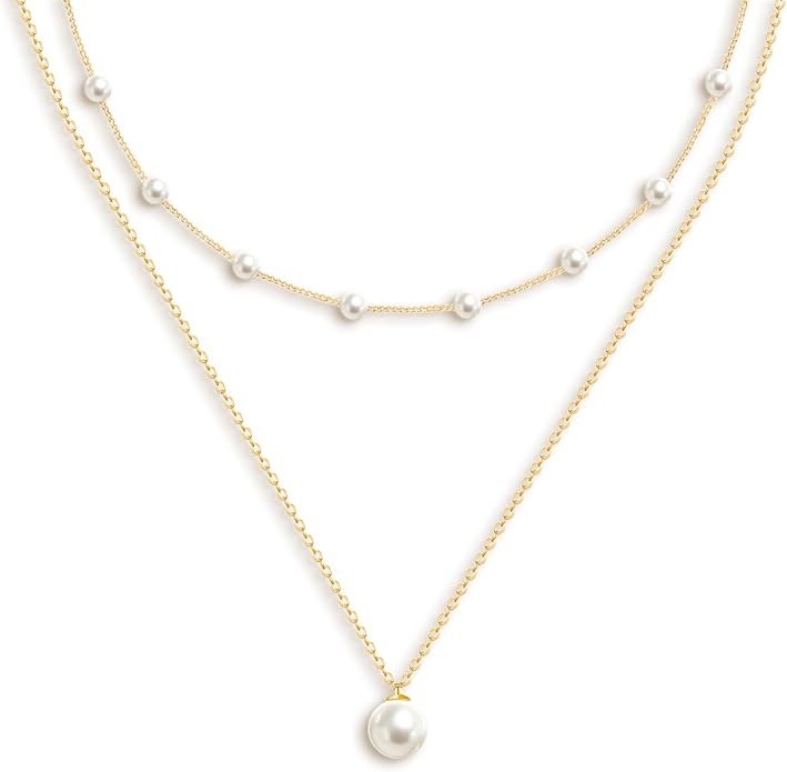 OGD Gold Pearl Necklaces Set for Women 14K Gold Plated Dainty Layered Pearl Cute Daisy Pearl Choker Gold Necklace Gifts for Women Gold Trendy Jewelry Gifts