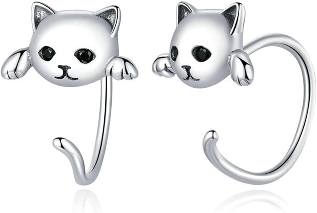 S925 Sterling Silver Stud Earrings for Women, Animal Cat & Dog Studs and Minimal Teardrop Ear Climber, Hypoallergenic Earrings for Sensitive Ears, Gift Box Included