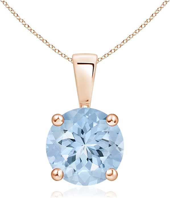 Angara Natural Aquamarine Solitaire Pendant for Women | Round Aquamarine Solitaire Pendant Necklace in 14K Solid Gold/Silver/Platinum With 18" Chain | March Birthday, Gemstone Jewelry Gift