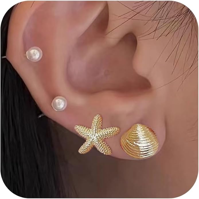 Seashell Starfish Earrings Beach Jewelry for Women Pearl Drop Shell Earrings Ocean Beachy Fashion Accessories Womens Summer Outfits 2026 Tropical Vacation Outfits Beach Vacation Clothes Dresses