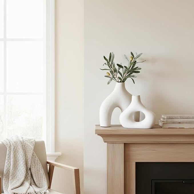 Carrot's Den Ceramic Modern Vase Set of 2, Donut Shelf Decor, Warm White | - Image 3