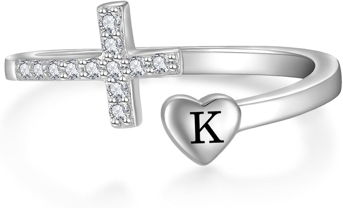 STARCHENIE Cross Initial Ring for Women 925 Sterling Silver Letters A-Z 26 Alphabet Adjustable Ring Size 7