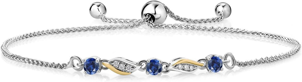 Gem Stone King 3-Stone Adjustable Bracelet for Women | 925 Silver and 10K Yellow Gold | Gemstone Birthstone and Lab Grown Diamond | Round 3MM | Two-Tone Adjustable Tennis Bracelet Up to 9 Inch