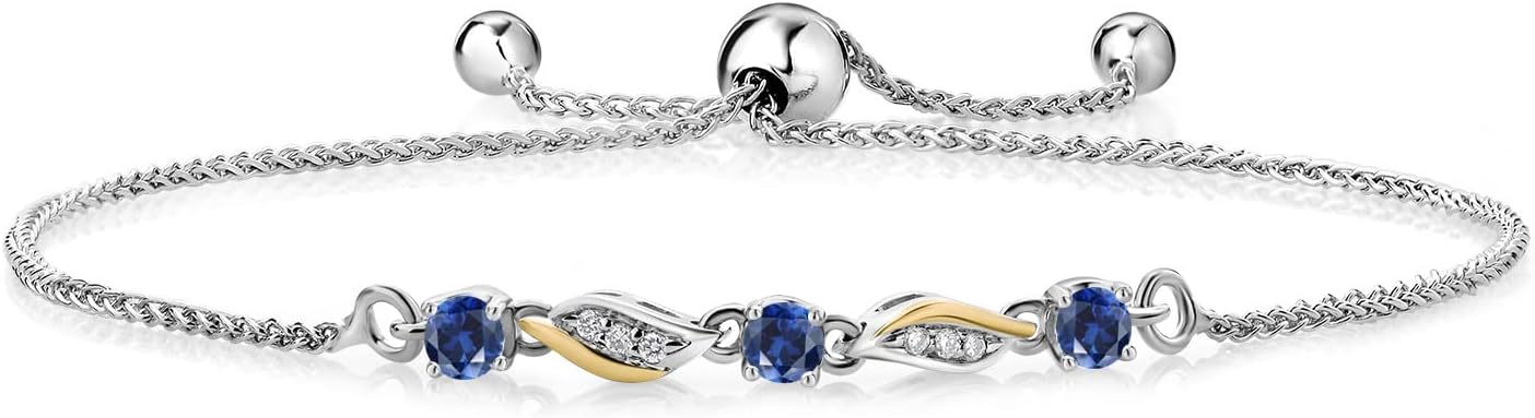 Gem Stone King 3-Stone Adjustable Bracelet for Women | 925 Silver and 10K Yellow Gold | Gemstone Birthstone and Lab Grown Diamond | Round 3MM | Two-Tone Adjustable Tennis Bracelet Up to 9 Inch