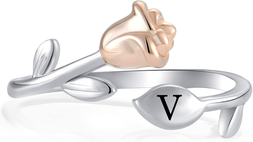 STARCHENIE Rose Initial Ring for Women 925 Sterling Silver Letters A-Z 26 Alphabet Adjustable Ring Size 7
