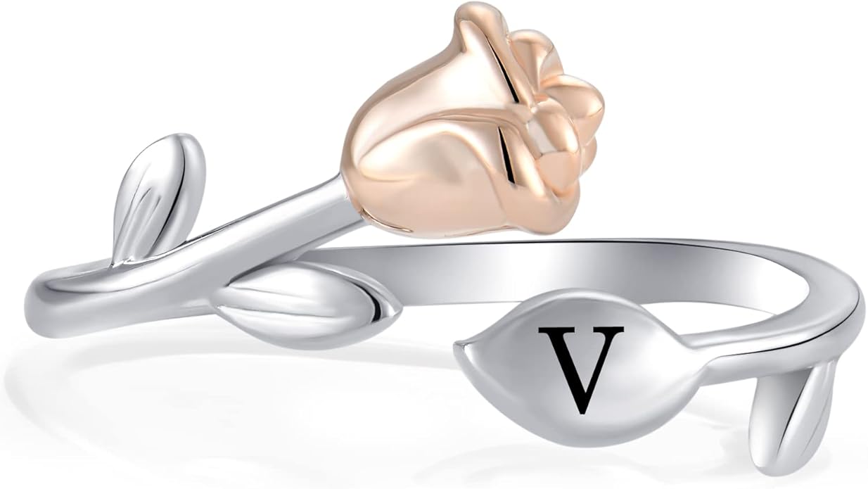 STARCHENIE Rose Initial Ring for Women 925 Sterling Silver Letters A-Z 26 Alphabet Adjustable Ring Size 7