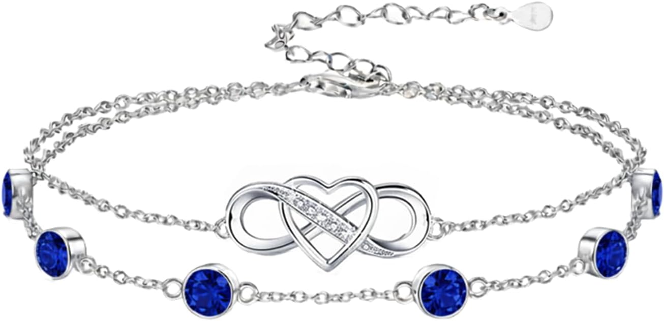 Prismata Infinity Birthstone Charm Link Bracelet 925 Sterling Silver Adjustable 12 Months Birthstone Infinity Bracelet Birthday Jewelry Gifts for Women Mom Her,with 7"+2" chain